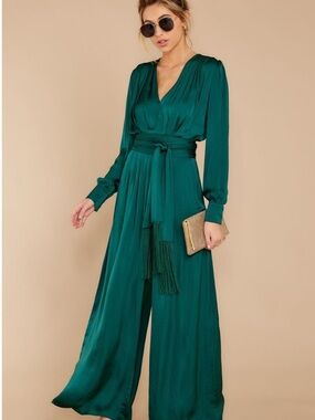 Emerald Satin Wrap Jumpsuit with Tassel Sash
